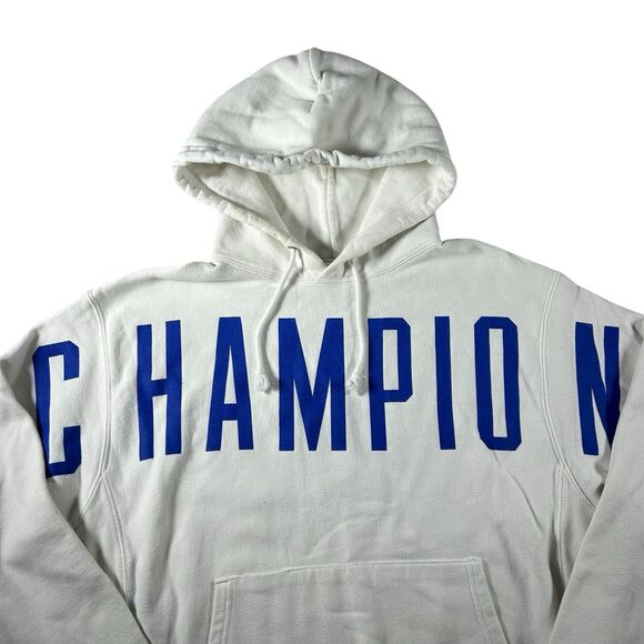 Champion Other - Vintage Champion Reverse Weave Hoodie Men’s Large White Blue Spell Out Y2K